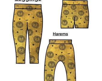 Mustard lions leggings & harems, Animal patterned kids trouser bottoms, children's zoo animal pants, unisex lions pant bottoms
