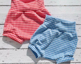 Blue & Red Gingham Bummies, kids quirky gingham shorts, comfy trouser bottoms gifts,  cosy cute summer baby kids birthday gifts