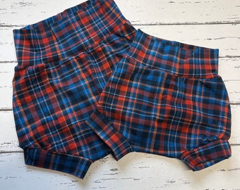 Blue & Red Tartan Bummies, kids quirky gingham shorts, comfy trouser bottoms gifts,  cosy cute xmas summer baby kids birthday gifts
