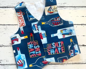 6-9 months / Blue nautical waistcoat, Seaside kids waist coat, children's gifts, special occasion jacket, wedding guest, ship in a bottle