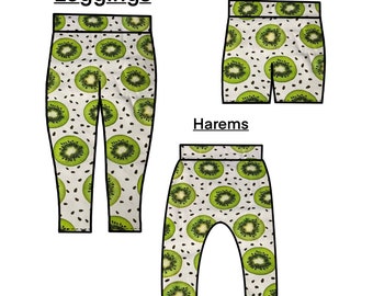 White and Green Kiwi leggings & harems, Fruit patterned kids trouser bottoms, children's fruity pants, spring summer pant bottoms