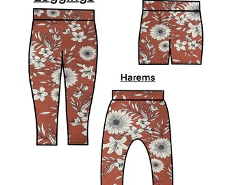 Brown and White floral leggings & harems, Flower patterned kids trouser bottoms, children's flowery pants, spring summer pant bottoms