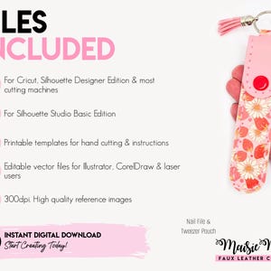 The image is a promotional advertisement for a product called "Files Included", which is a collection of digital files for various crafting projects. The product includes a Silhouette Designer Edition, Silhouette Studio Basic Edition, and a keychain with a floral pattern. The advertisement also mentions that the product is available for download, and it is a part of the "Maise Moo Faux Leather Crafts" collection.