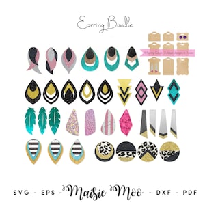 Puede incluir: Una colección digital de diseños de pendientes etiquetada como Earring Bundle y Maisie Moo, con varias formas como gotas, plumas y círculos en colores negro, oro, rosa, turquesa y estampado de leopardo, además de nueve tarjetas de presentación.