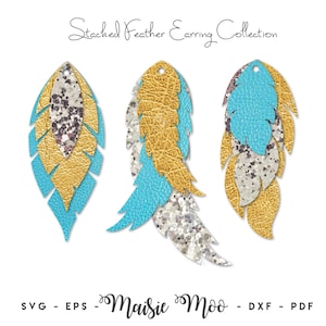 May include: Three layered feather earring designs in turquoise, gold, and silver glitter. The earrings are stacked on top of each other to create a unique and stylish look.  Stacked Feather Earring Collection - Maisie Moo - SVG - EPS - DXF - PDF