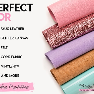 The image is an advertisement for faux leather and various crafting materials, including faux leather, glitter canvas, felt, cork fabric, vinyl/HTV, and more. The text highlights the perfect materials for crafting projects, and the image is a collage of different materials. The phrase "Endless Possibilities!" suggests that there are countless options for crafting projects using these materials.