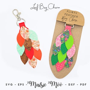 Charm para bolso con forma de hoja y plumas SVG / Plantilla para llavero con forma de hoja y etiqueta para bolso / Llavero con forma de pavo real de piel sintética / Cuero vegano de Maisie Moo