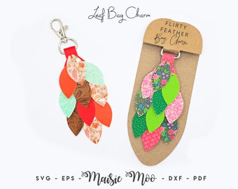 Leaf Feather Bag Charm SVG | Leaves Keychain Bag Tag Fob Template | Peacock Faux Leather Fob | Key Ring | Maisie Moo Vegan leather