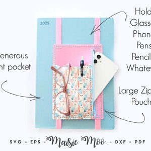 May include: A light blue planner with a pink pocket and strap, holding glasses, a phone, and a pen. The pocket has a colourful owl pattern. Text on the planner reads "2025" and "Holds Glasses, Phone, Pens, Pencils.... Whatever!"