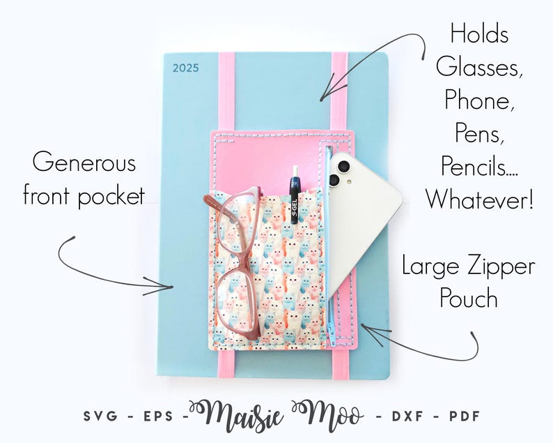 May include: A light blue planner with a pink pocket and strap, holding glasses, a phone, and a pen. The pocket has a colourful owl pattern. Text on the planner reads "2025" and "Holds Glasses, Phone, Pens, Pencils.... Whatever!"