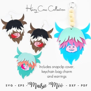 Portachiavi orecchino mucca delle Highland SVG, ciondolo borsa in pelle di mucca pelosa Tempate Steer Snap Clip Portachiavi Cowgirl / Cricut SVG / Toppa distintivo Maisie Moo