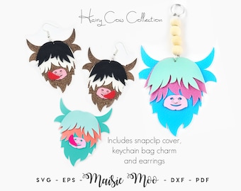 Highland Cow Keychain Earring SVG, Hairy Cow Leather Bag Charm Tempate Steer Snap Clip Key Fob Cowgirl | Cricut SVG | Maisie Moo Badge Patch