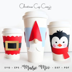 Funda para taza, funda para taza navideña SVG, plantilla para funda para taza de café con pingüino, Papá Noel y gnomo, envoltorio para taza de café de piel sintética
