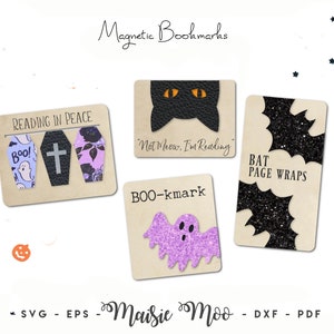 Zakładka magnetyczna Halloween SVG, szablon, prezent dla miłośnika książek, kot, nietoperz, trumna, duch, sztuczna skóra, rękodzieło, pliki Cricut Cut