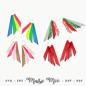 Op de afbeelding: Zes paar hangende oorbellen met verschillende patronen en kleuren. De oorbellen zijn gemaakt van gekleurde stroken papier of stof. De patronen omvatten rood en groen glitter, roze en witte strepen en effen kleuren zoals rood, groen, blauw en geel.