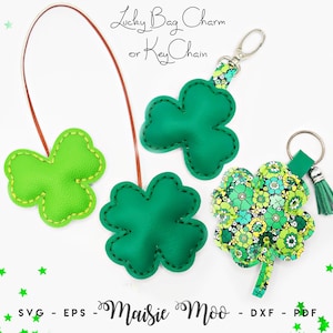 Porte-clés porte-clés porte-bonheur modèle SVG, trèfle à quatre feuilles modèle de breloque de sac en simili cuir, modèle de breloque de sac en cuir trèfle St Patricks