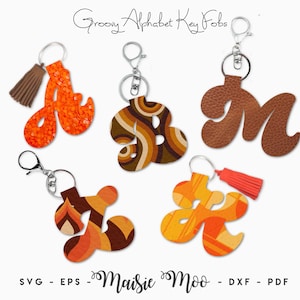 Groovy alfabet sleutelhanger SVG | Sjabloon voor retro brieftashangerzakje | Kunstleer sleutelhanger | Sleutelhanger Cricut gesneden SVG-bestand |
