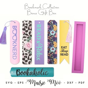 Marque-page SVG, marque-page en similicuir, modèle de stock de carte de boîte-cadeau, cadeau pour les amoureux des livres, planificateur emballage Maisie Moo cuir végétalien