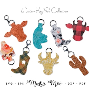 Könnte beinhalten: Eine Sammlung von sieben Schlüsselanhängern in verschiedenen Formen wie Kuhköpfen, Cowboystiefeln und einem Kaktus, mit Mustern wie Blumen, Karos und strukturiertem Leder. Der Text Western Key Fob Collection und Maisie Moo SVG EPS DXF PDF ist sichtbar.