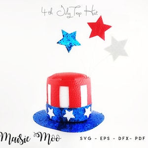 Clip de lazo para sombrero de copa SVG, lazo de estrellas y rayas SVG, sombrero de copa del 4 de julio SVG, tocado rojo, blanco y azul de EE. UU., Día de la Independencia Maisie Moo