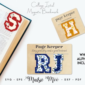 May include: Magnetic bookmarks featuring college-style letters S, H, R, and J. The S has a red cherry pattern, the H has yellow flowers, and the R and J have blue floral designs. Text includes College Initial Magnetic Bookmark and Page Keeper.