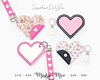 Heart Coin Purse SVG, Doily Valentine Keychain Coinpurse Template, Wristlet Fob Faux Leather Keyring, Cricut Cut Files Maisie Moo