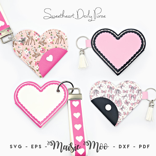 Heart Coin Purse SVG, Doily Valentine Keychain Coinpurse Template, Wristlet Fob Faux Leather Keyring, Cricut Cut Files Maisie Moo