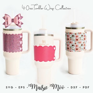 May include: Three 40 oz tumblers with different designs. The tumbler on the left has a pink glitter wrap with pink hearts. The middle tumbler has a red wrap with a scalloped edge and a heart. The tumbler on the right has a floral pattern wrap. All tumblers are white with a silver lid and a straw.