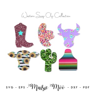 May include: A set of six Western-themed snap clips featuring a pink glitter cowboy boot, a multi-colored glitter cowboy hat, a purple floral cow, a black and white sunflower cow, a green glitter cactus, and a colorful striped serape.  Western Snap Clip Collection - Maisie Moo - SVG - EPS - DXF - PDF