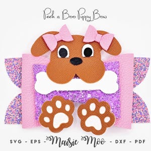 Chiot mignon noeud SVG, SVG Peek a Boo levrette, chien noeud PDF, noeud de cheveux modèle pour Cricut, fichiers de coupe de silhouette Maisie Moo cuir végétalien