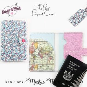 May include: A passport cover and luggage tag set featuring a light blue pattern of mason jars and flowers. The cover is shown closed and open, revealing a world map interior and a pink lace-textured pocket. A black New Zealand passport is included.