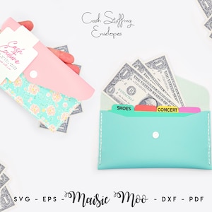 May include: Pink and teal cash stuffing envelopes with floral and solid designs. One envelope is open, revealing dollar bills and labeled tabs for "Shoes" and "Concert." The text "Cash Stuffing Envelopes" and "Cash Couture" are visible.