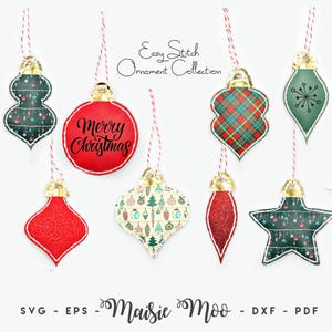 May include: A collection of eight hanging ornaments with the text Easy Stitch Ornament Collection and Maisie Moo SVG EPS DXF PDF. The ornaments feature various shapes including stars and teardrops in red, green, and cream with patterns.