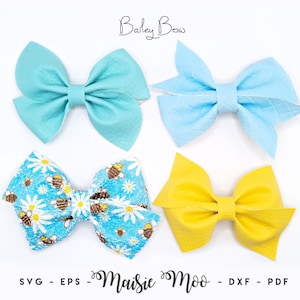 May include: Four hair bows labelled Bailey Bow and Maisie Moo. One is solid teal, one is light blue with a quilted texture, one is yellow, and one features a pattern of white daisies and bees on a light blue background. Includes SVG, EPS, DXF, PDF.