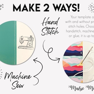 May include: An image with the text "MAKE 2 WAYS!" shows two circular designs. One side features a teal and white design with a sewing machine illustration, labeled "Machine Sew." The other side shows a colorful design with a needle and thread, labeled "Hand Stitch."
