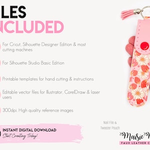 The image is a promotional advertisement for a product called "Files Included", which is a collection of digital files for various crafting projects. The product includes a Silhouette Designer Edition, Silhouette Studio Basic Edition, and a keychain with a floral pattern. The advertisement also mentions that the product is available for download, and it is a part of the "Maise Moo Faux Leather Crafts" collection.