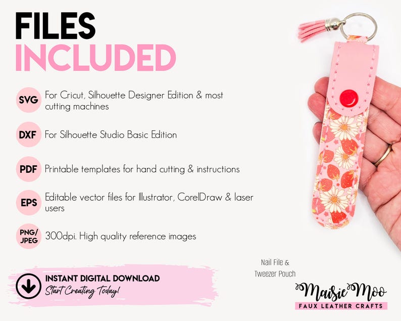 The image is a promotional advertisement for a product called "Files Included", which is a collection of digital files for various crafting projects. The product includes a Silhouette Designer Edition, Silhouette Studio Basic Edition, and a keychain with a floral pattern. The advertisement also mentions that the product is available for download, and it is a part of the "Maise Moo Faux Leather Crafts" collection.