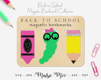 Back to School Magnetic Bookmark SVG, Bookworm, pencil, crayon Teacher Gift Template, Book Lover Gift, Faux Leather Crafts