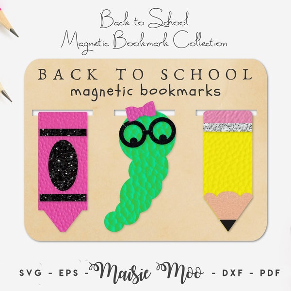 Back to School Magnetic Bookmark SVG, Bookworm, pencil, crayon Teacher Gift Template, Book Lover Gift, Faux Leather Crafts