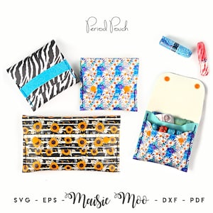 Può includere: Quattro piccole bustine rettangolari con vari motivi, tra cui stampa zebrata, girasoli e margherite. Una bustina è aperta e mostra piccoli oggetti all'interno. Il testo Period Pouch e Maisie Moo SVG - EPS - DXF - PDF è visibile.