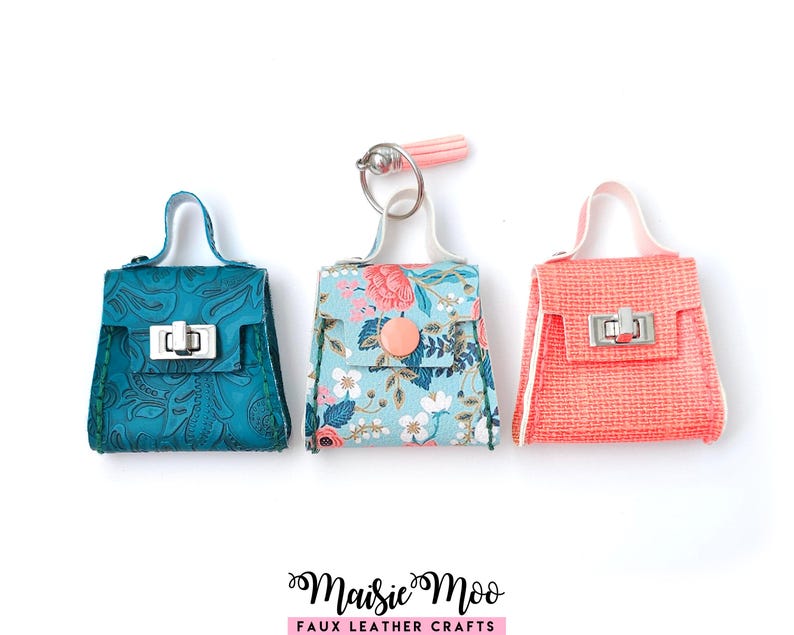 Purse Bag Charm Hand Sewing Pattern, Miniature Faux Leather Handbag Keychain SVG by Maisie Moo