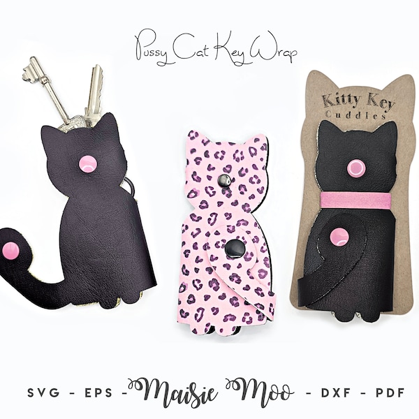 Pussy Cat Key Wrap Fob SVG | Kitty Cat Key Cover Template Keychain Bag Tag Halloween | Faux Leather Fob | Key Ring Display Card