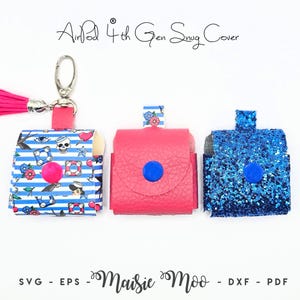May include: Three AirPod 4th Gen snug covers in a row. The first is patterned with blue and white stripes, nautical images, and a pink tassel. The second is pink with a blue button. The third is blue glitter with a blue button.