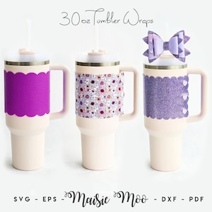 May include: Three 30oz tumblers with handles and straws, each featuring a different wrap: one with a solid purple scalloped band, one with a floral pattern, and one with a glittery purple scalloped band topped with a matching purple bow.