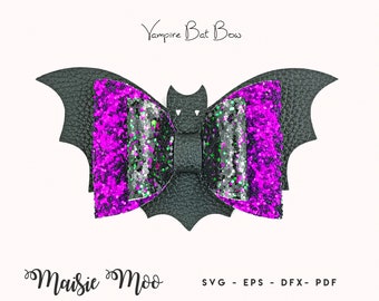 Vampire Bat Hair Bow SVG | Halloween Bow Template | Stacked Double Bat Wings Bow SVG | Bat Wing Bow PDF Pattern Maisie Moo Vegan leather