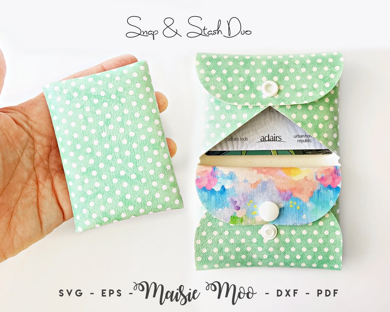 Duo Card & Coin Wallet SVG, Snaps Card Wallet Template, Folded Mini Purse Faux Leather No Sew, Card Wallet