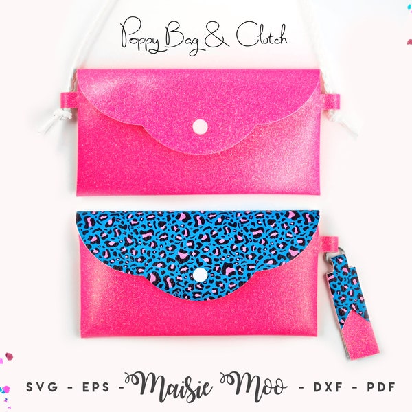 Faux Leather Clutch SVG | Poppy bag Pattern | Faux Leather Pouch template |  Crossbody Phone Handbag svg Girls Purse Template Maisie Moo