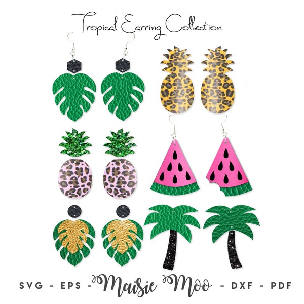 Tropical Summer Earring SVG | Faux Leather Beach Earring Templates | Monstera Palm Tree Watermelon Pineapple Cricut Earring SVG | Maisie Moo