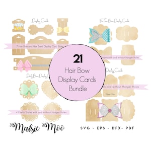 May include: A digital bundle of 21 hair bow display cards in various shapes and styles, featuring light brown cardstock designs, some with hanger holes. The central pink circle displays the text 21 Hair Bow Display Cards Bundle, with SVG, EPS, DFX, PDF text below.