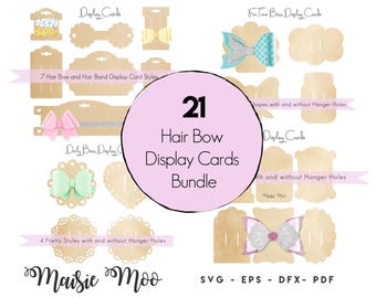May include: A digital bundle of 21 hair bow display cards in various shapes and styles, featuring light brown cardstock designs, some with hanger holes. The central pink circle displays the text 21 Hair Bow Display Cards Bundle, with SVG, EPS, DFX, PDF text below.